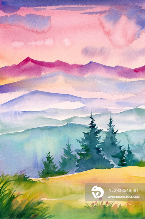 Mountains, watercolor landscape, hand drawing