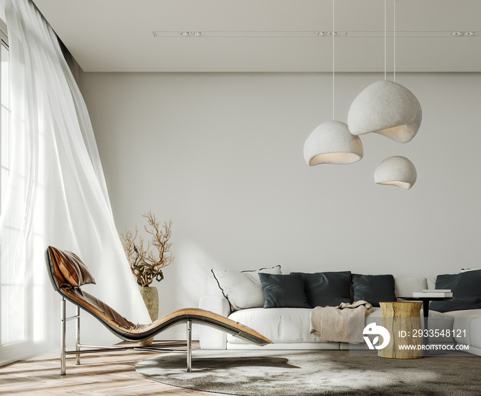 Modern white interior with brown leather armchair and empty white wall background. 3D Rendering, 3D Illustration