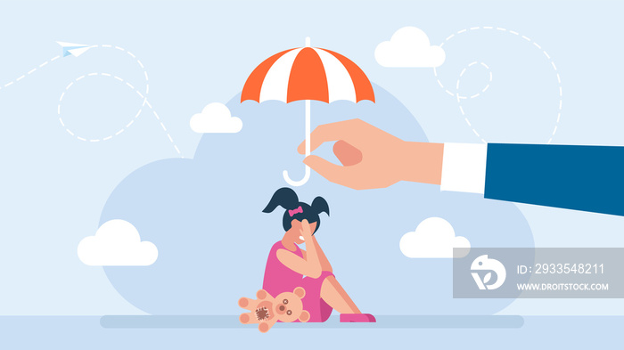 Protect children from danger. Child protection concept. Little girl sitting on the floor and crying. Child care. The umbrella protects the child from the storm. Flat design. Illustration.