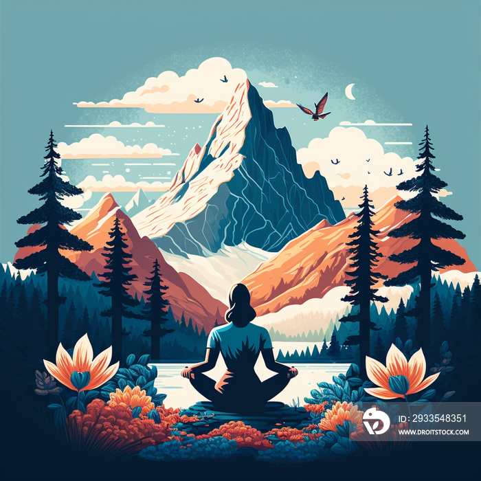 yogi man meditates among flowers and trees against the backdrop of mountains