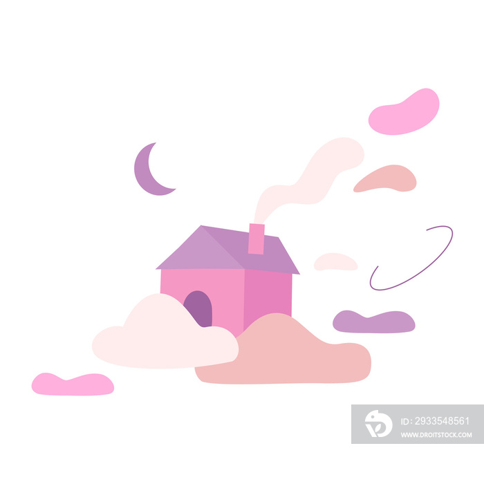 Cute house above the cloud illustration in minimalist style and pastel color for design element