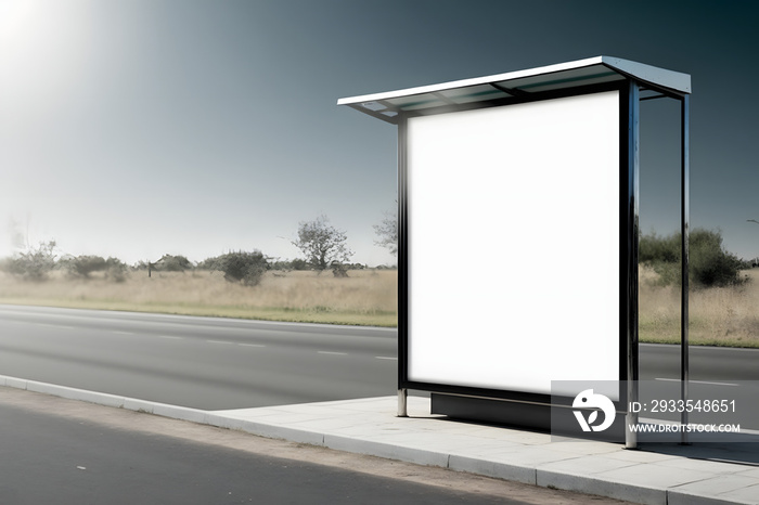 Empty white blank billboard digital sign poster mockup on rural bus stop street for advertising, marketing, template