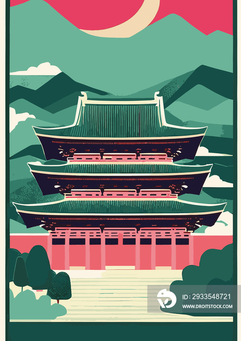 A set of vector backgrounds for text Japan, Korea, and China Travel Poster. Handmade drawing vector illustration. Flat design. Vintage traditional ukiyo-e style. Fuji mountain with Japanese wave patte