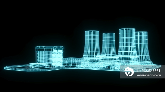 3d render illustration Nuclear power station cooling tower  hologram ecology pollution save planet environment . Radioactive nuclear reactor electricity