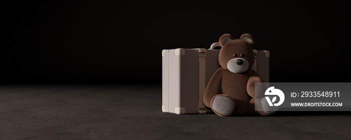 Teddy bear sitting alone in dark place with suitcase. Refugees concept on black background 3d render 3d illustration