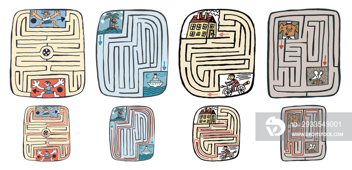 four easy maze labyrinth puzzle, soccer, robinson, bicycle, elephant, mouse