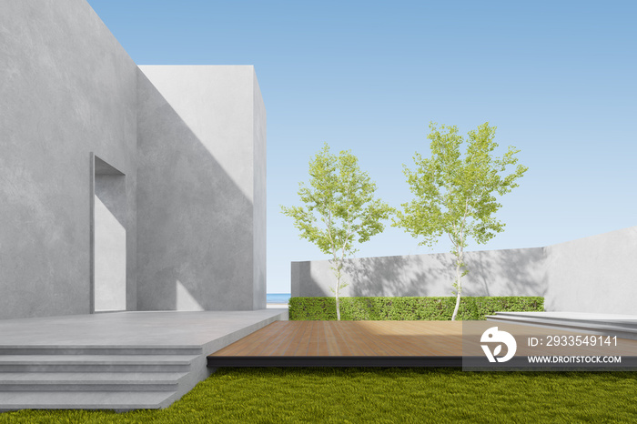 3d render of exterior with wooden terrace and concrete building wall.