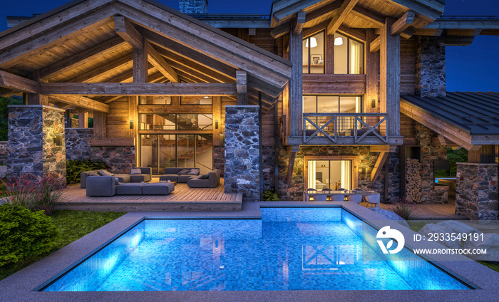 3d rendering of modern cozy chalet with pool and parking for sale or rent.  Massive timber beams columns. Beautiful forest mountains on background. Clear summer night with many stars on the sky.