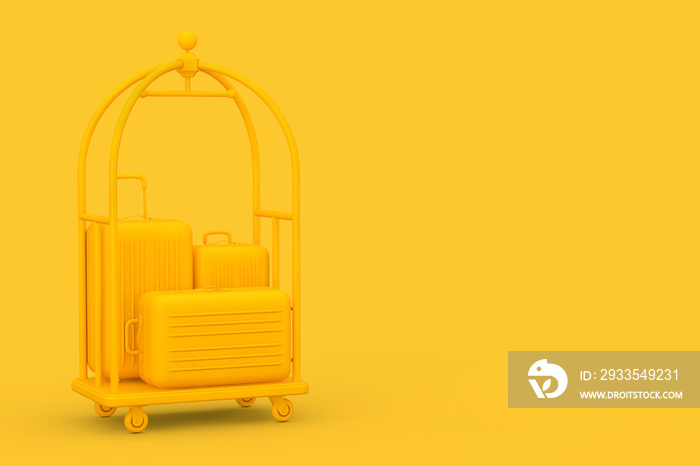 Yellow Large Polycarbonate Suitcases in Yellow Luxury Hotel Luggage Trolley Cart. 3d Rendering