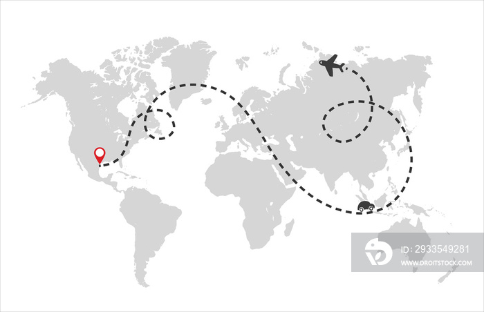 Airplane track to point with dashed line way and world map on white background