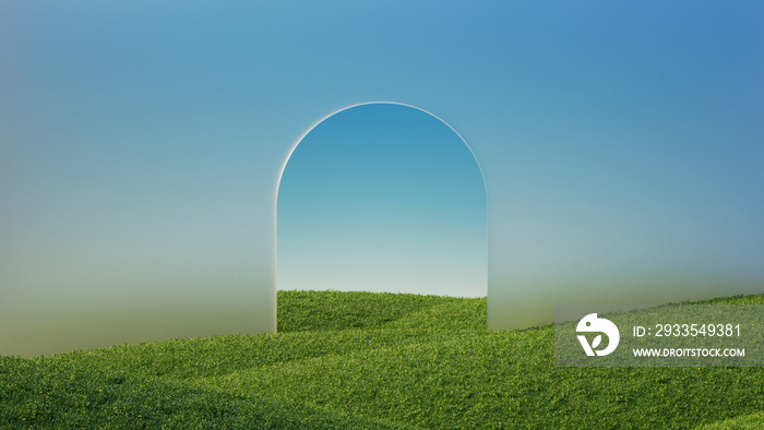 3d render, abstract panoramic background. Minimal landscape with green hills and glass arch under the blue sky. Modern showcase scene