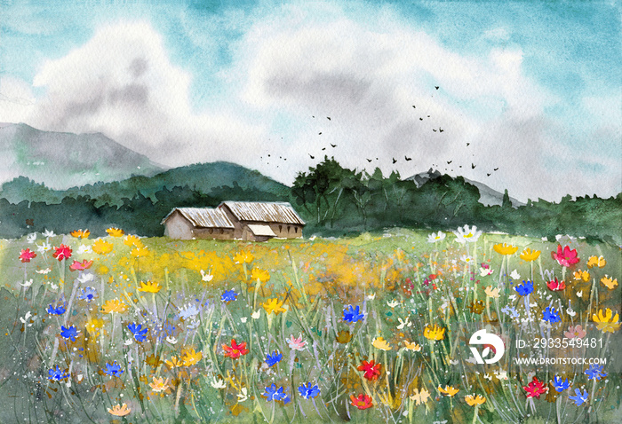 Watercolor illustration of a landscape with a field of blooming colorful flowers, distant foggy mountains on the horizon and the roofs of village houses in the distance