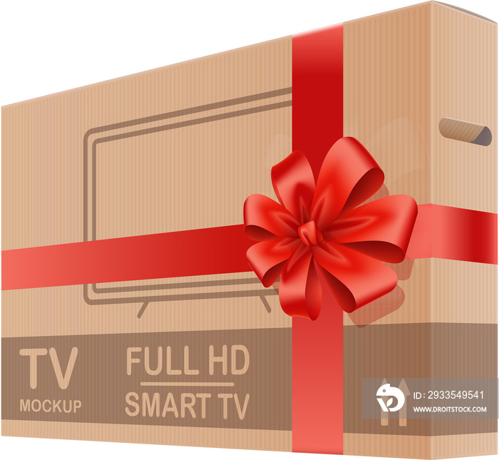 Big Gift Tv Box With Red Ribbon And Bow. 3d Photo Realistic Illustration Isolated On White. Sales, Discount Or Special Offers Template