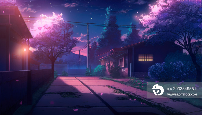 purple night city street anime background wallpaper