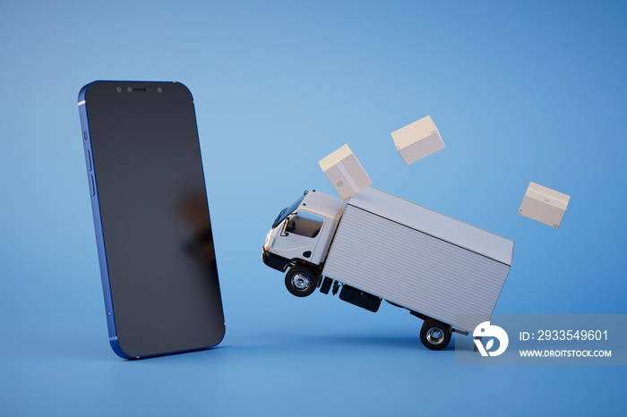 order parcel delivery online. smartphone and truck from which parcels fly out on a blue background. 3D render