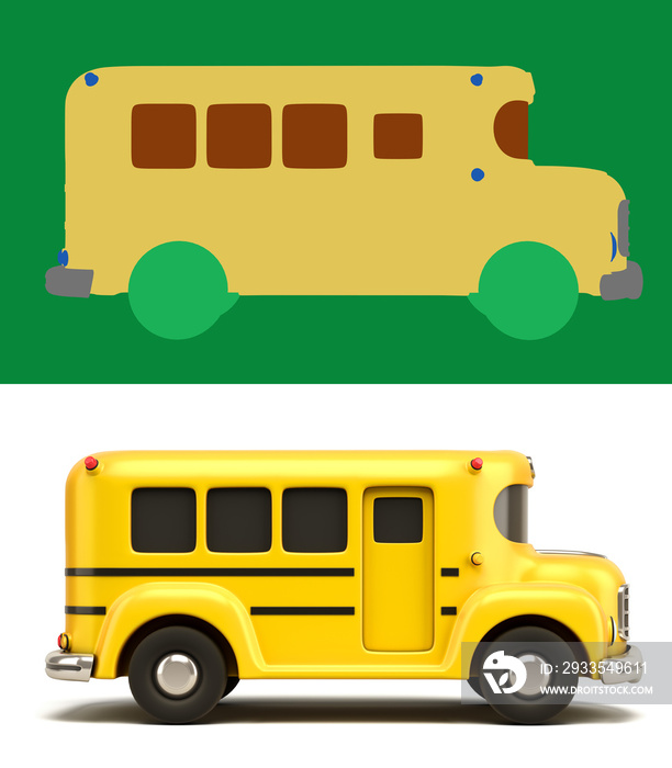 wintage toon yellow school bus 3d render on white with alpha