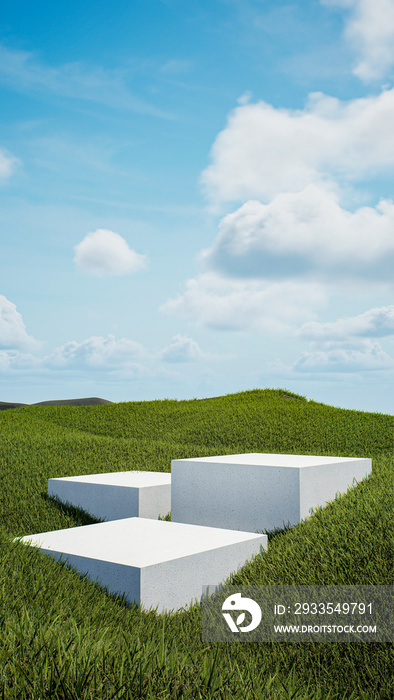 Podium among a field covered with grass under a beautiful sunny sky - 3D rendering