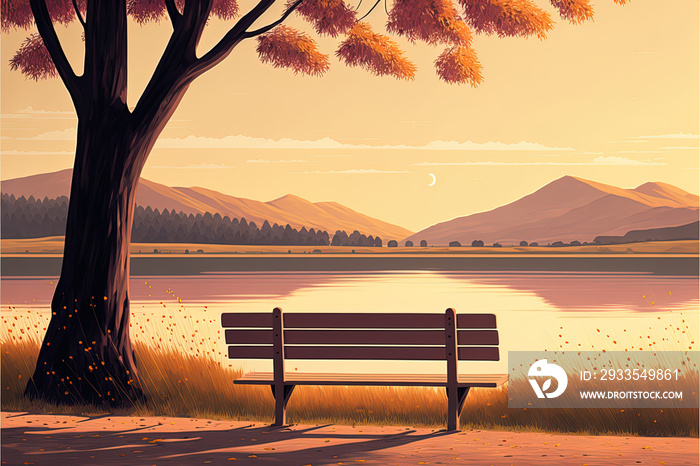 Vector illustration of a park bench overlooking a peaceful lake