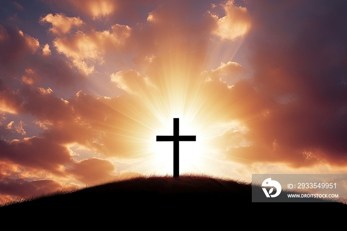 wooden cross on top of a hill bathed in warm sunlight during sunset