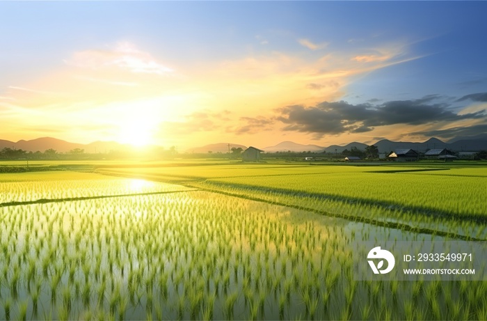 Serene View of Green Paddy Field with Sun in the Sky