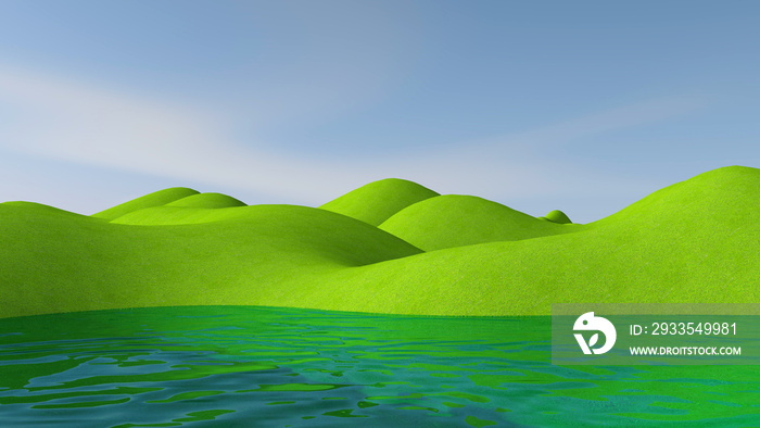 Green meadow with sky background. 3D illustration, 3D rendering