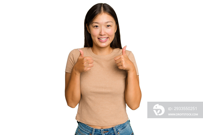 Young Asian woman isolated on green chroma background smiling and raising thumb up