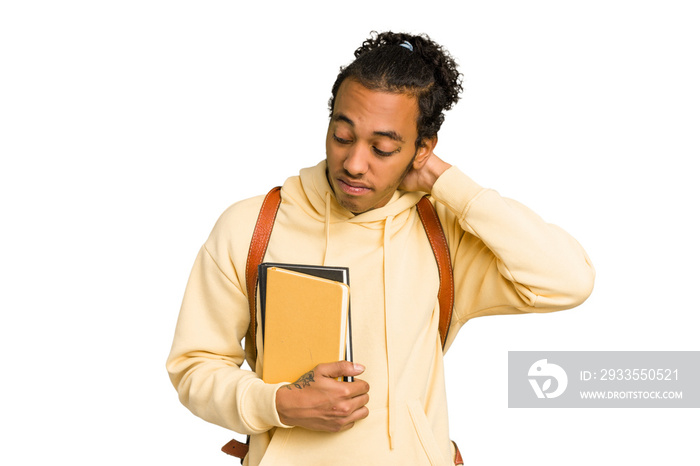 Young african american student man holding a book touching back of head, thinking and making a choice.