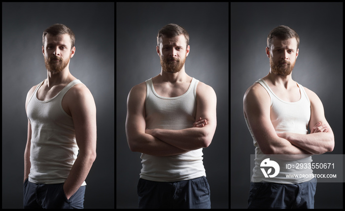 Strong, handsome and bearded man in sleeveless shirt over black background.