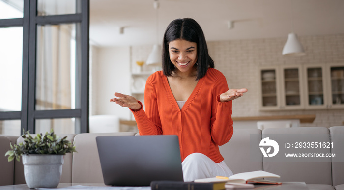 Smiling African American woman having video call sitting on sofa. Freelancer communication online working from home, video conference concept