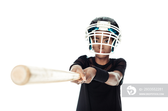 close-up shot of female baseball player with bat isolated on white