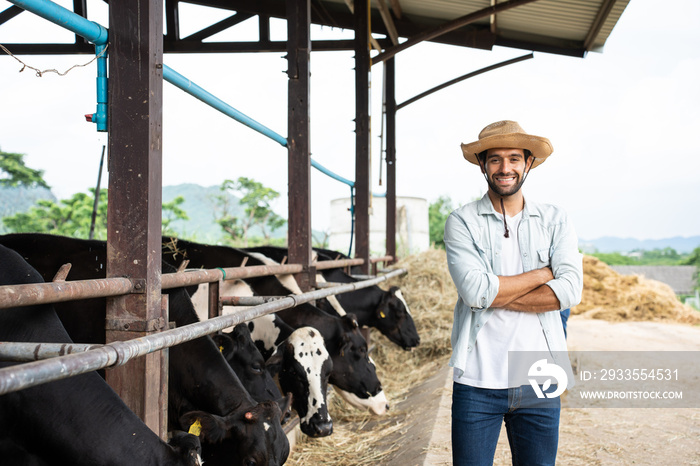 Portrait of Caucasian male dairy farmer working outdoors in cow farm.