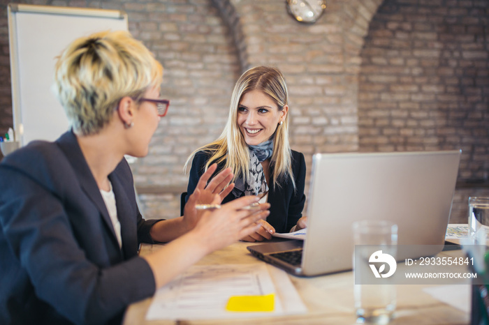 Two female colleagues in office, working together.