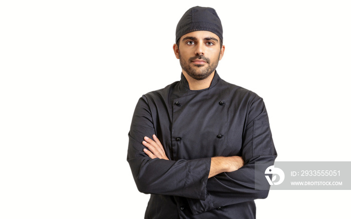 Chef with crossed hands isolated on white background.