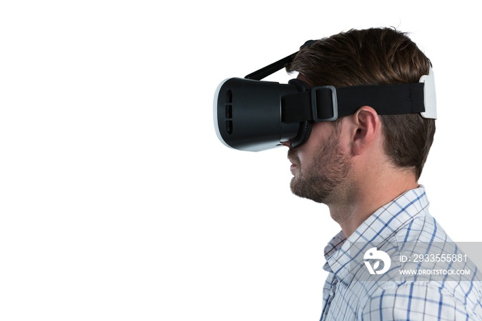 Man using virtual reality headset against white background