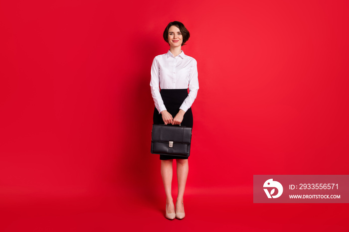 Full length body size photo business woman keeping leather diplomat smiling isolated bright red color background