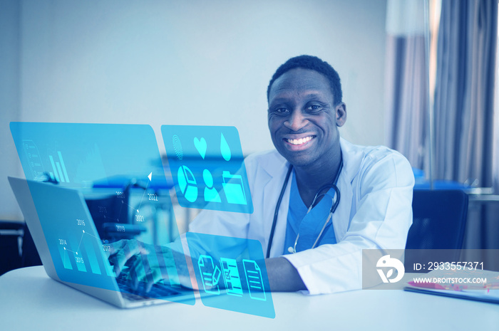 Doctor using laptop computer working in hospital check patient data document