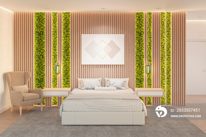 Modern bedroom interior in eco style with a horizontal poster on a wooden wall, moss with lighting, two bedside tables with lamps, a cozy armchair. Front view. 3d render