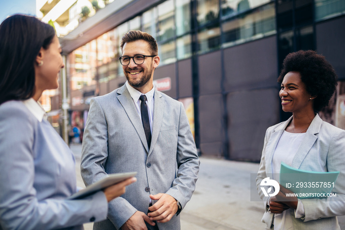 Group of business team meeting outside