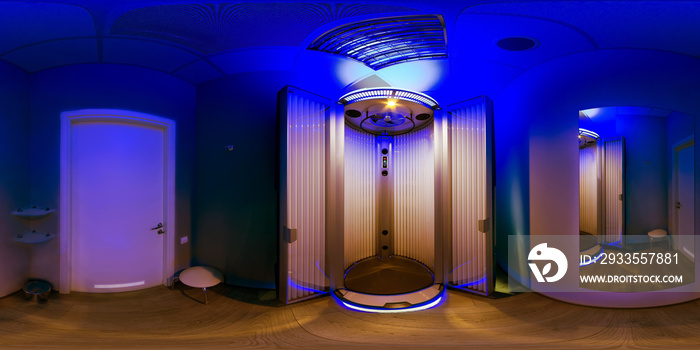 Equal photo projection of the panorama from the inside of the room with a solarium and a tanning device in the spa of the tanning studio.