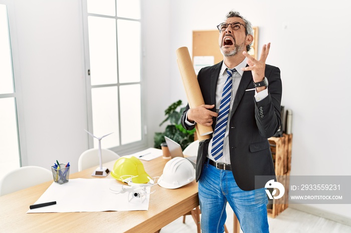 Middle age hispanic business man holding paper blueprints crazy and mad shouting and yelling with aggressive expression and arms raised. frustration concept.