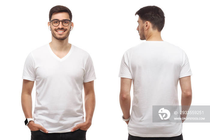 Front and back template of young man standing with hands in pockets, wearing blank tshirt with copy space and glasses, isolated on white background