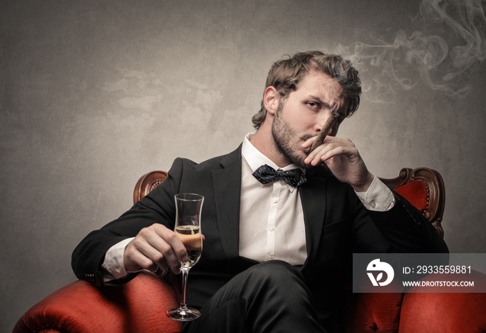 Elegant man smoking a cigar and drinking wine