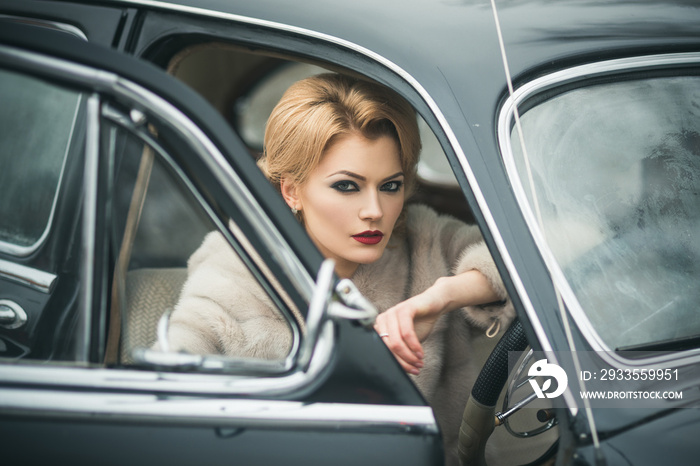 Pin up woman in retro car. Beauty and fashion. Vintage female model.