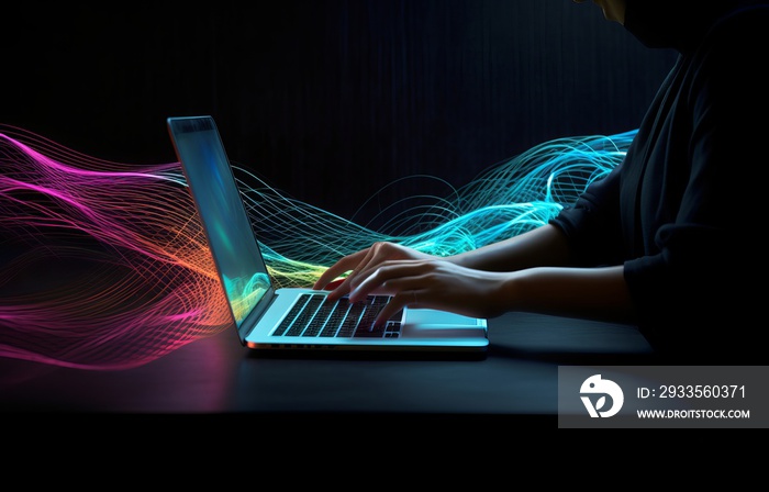 Digital Whirlwind: Person Typing on Laptop with Swirling Colors Representing Number Lines