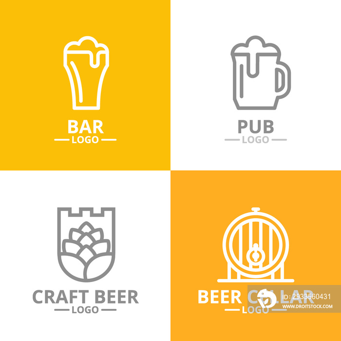 Set of beer and alcohol, hop, barrel logo or insignia, emblems, labels and badge.