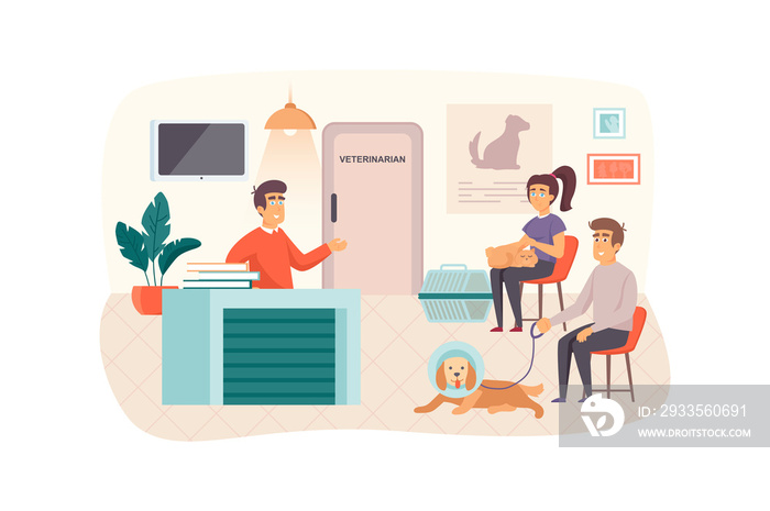 Veterinary clinic scene. Owners with pets waiting for their turn to see doctor. Woman with cat, man with dog. Veterinarian medicine concept. Illustration of people characters in flat design