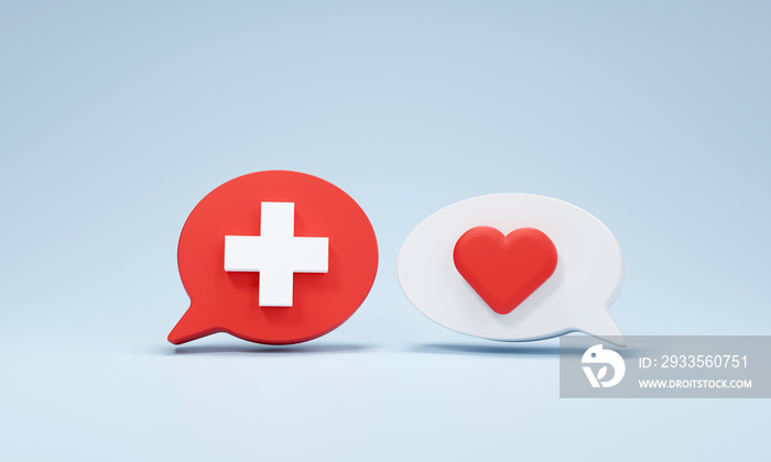 Chat bubble with medical symbols, plus sign and heart on background. concept of health care, discussion of complete and healthy health. 3D render illustration