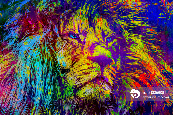 Colorful artistic lion muzzle with bright paint splatters color art