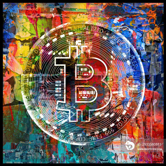 colorful bitcoin with bright paint splatters on white background, cryptocurrency concept