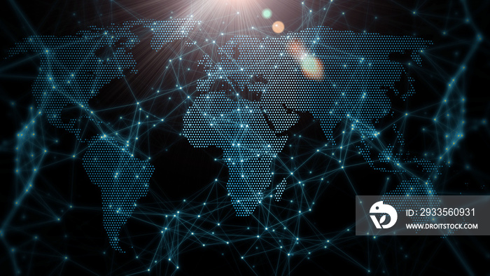 3D Rendering of world map with glowing wired network nodes connected by dots and lines with sun light rays. Concept of telecommunication technology, global network, internet connection, ai, big data